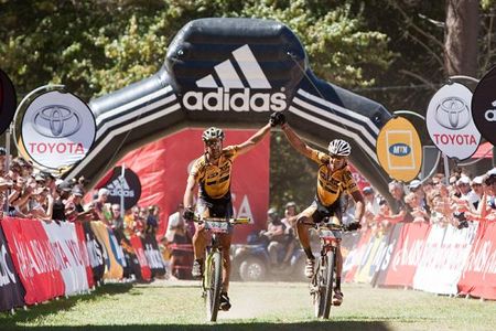 Kevin Evans and Alban Lakata of team MTN Quebeka win stage one of the 2010 Cape Epic stage race from Diemersfontein Wine estate, Wellington, to Ceres in the Western Cape