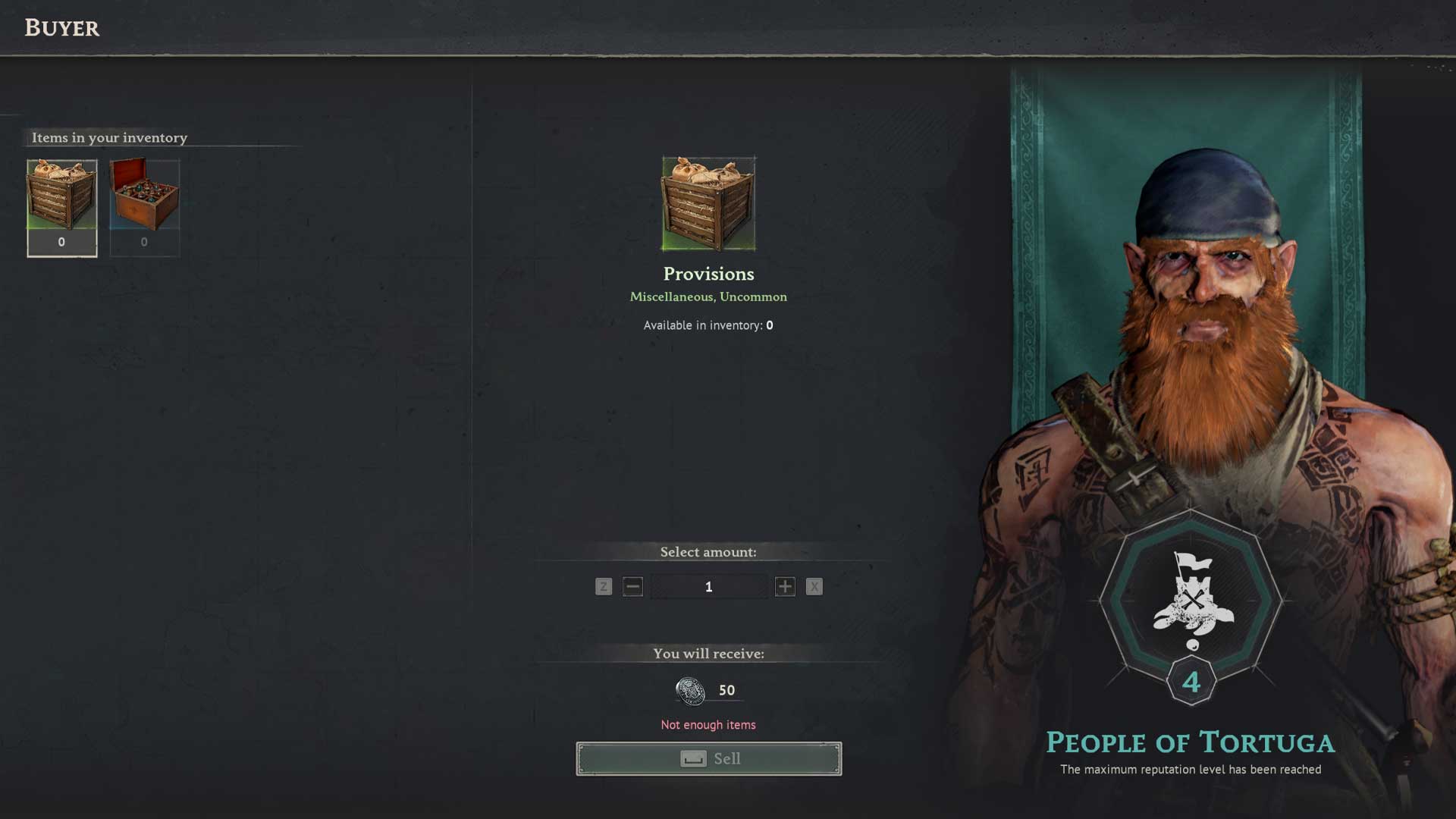 Windrose - The buyer window for People of Tortuga displayer two items