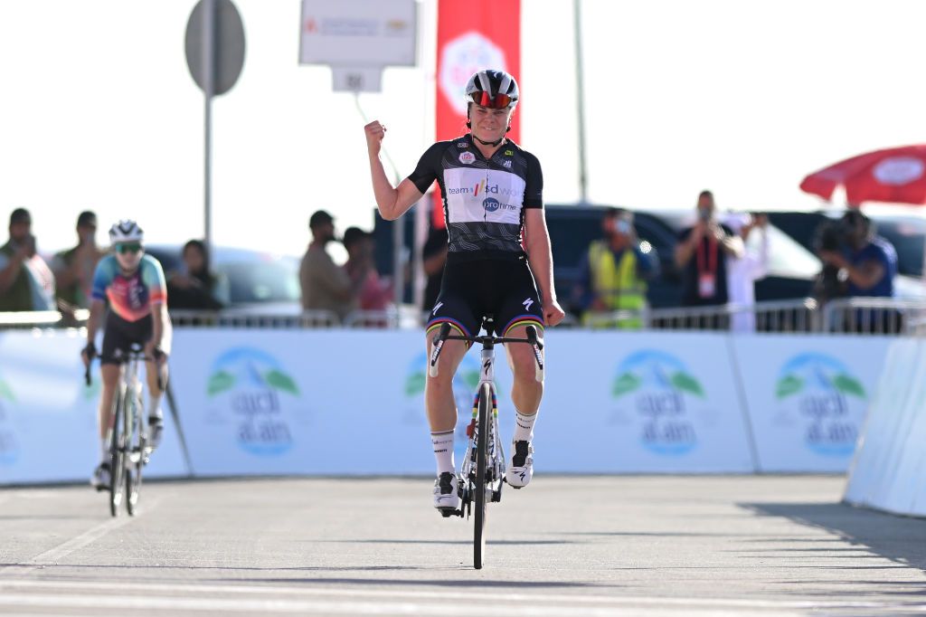 JEBEL HAFEET UNITED ARAB EMIRATES FEBRUARY 10 Lotte Kopecky of Belgium and Team SD WorxProtime Black Intermediate Sprint jersey celebrates at finish line as stage winner during the 2nd UAE Tour 2024 Stage 3 a 128km stage from Police Museum Al Ain to Jebel Hafeet 1031m UCIWWT on February 10 2024 in Jebel Hafeet United Arab Emirates Photo by Dario BelingheriGetty Images