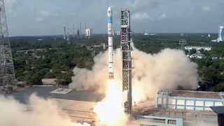 The Indian Space Research Organisation's Small Satellite Launch Vehicle (SSLV) carrying EOS-08 advanced Earth-observing satellite launches from Satish Dhawan Space Centre on Thursday, Aug. 15, 2024 (Aug. 16 local time).