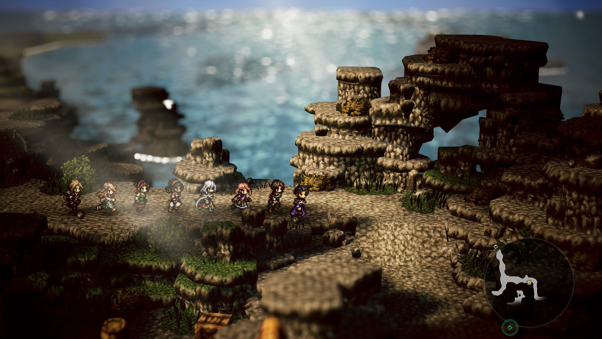 A train of eight characters walks atop rocky cliffs by the sea in Octopath Traveler 0