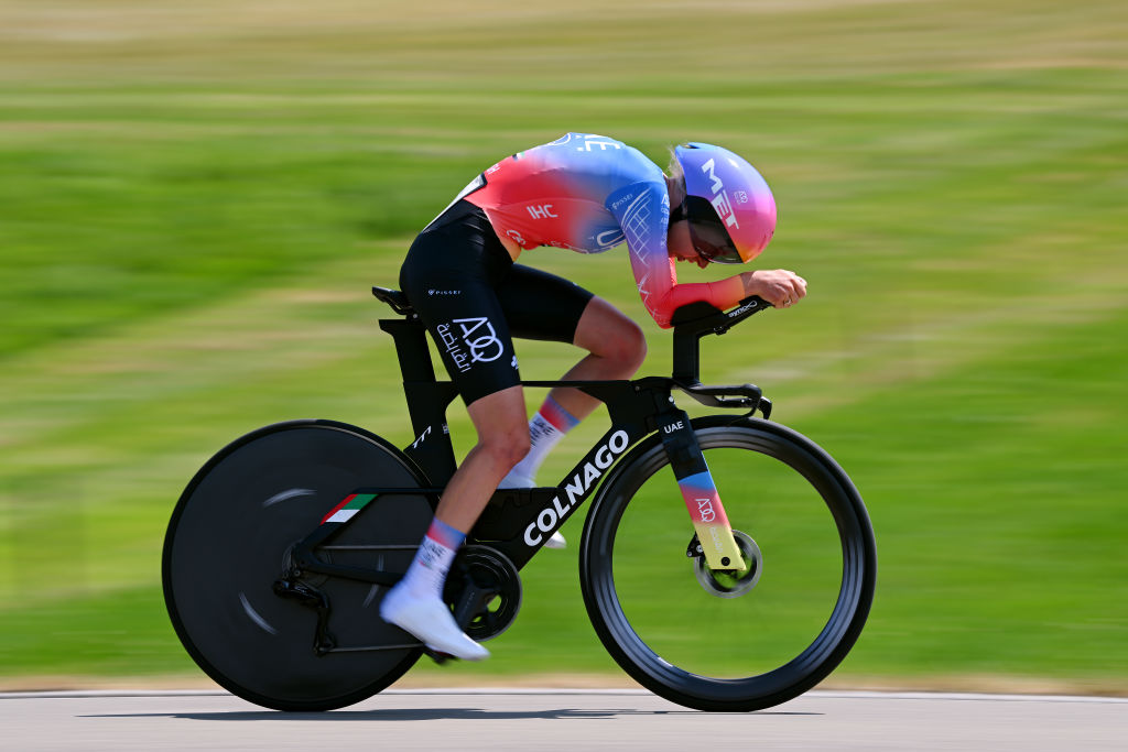 ABTWILL SWITZERLAND JUNE 18 Mikayla Harvey of New Zealand and UAE Team ADQ sprints during the 3rd Tour de Suisse Women 2023 Stage 2 a 257km individual time trial from St Gallen to Abtwil UCIWWT on June 18 2023 in Abtwil Switzerland Photo by Dario BelingheriGetty Images