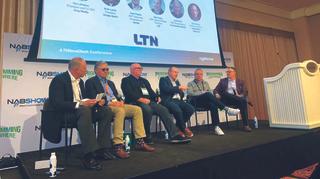 From left, moderator Glen Dickson, TVNewsCheck; Pat LaPlatney, Gray Television; Frank Cicha, Fox Television Stations; Rick Young, LTN; Brian Lawlor, Scripps; and Scott Shapiro, Sinclair. 