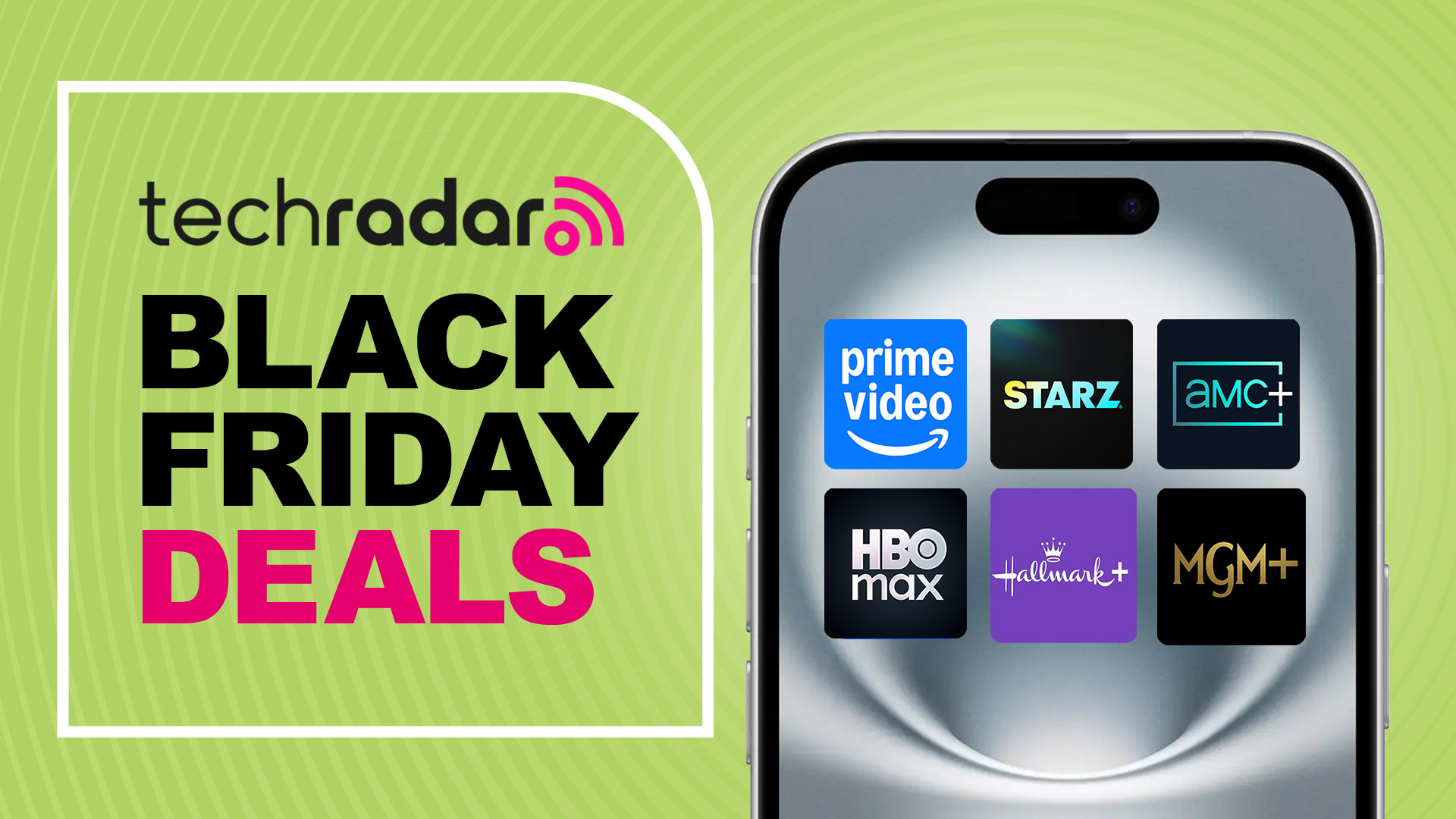 A phone showing the logos of several streaming services next to the words &#039;TechRadar Black Friday deals&#039; 