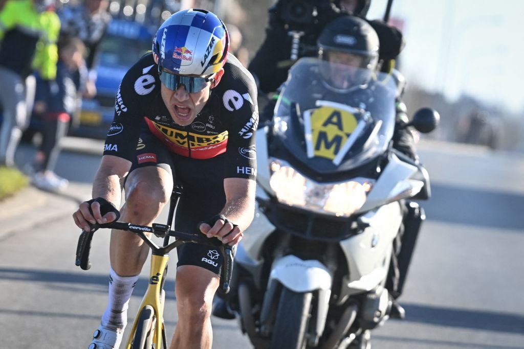 Belgiums Wout Van Aert of Team JumboVisma rides during the mens elite race of the Omloop Het Nieuwsblad oneday cycling race 2042km from Gent to Ninove on February 26 2022 Belgium OUT Photo by DAVID STOCKMAN Belga AFP Belgium OUT Photo by DAVID STOCKMANBelgaAFP via Getty Images