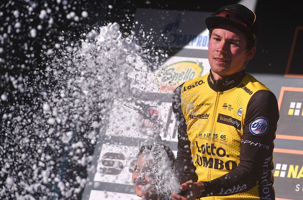 Primoz Roglic (LottoNL-Jumbo) celebrates his stage 3 win at Tirreno-Adriatico
