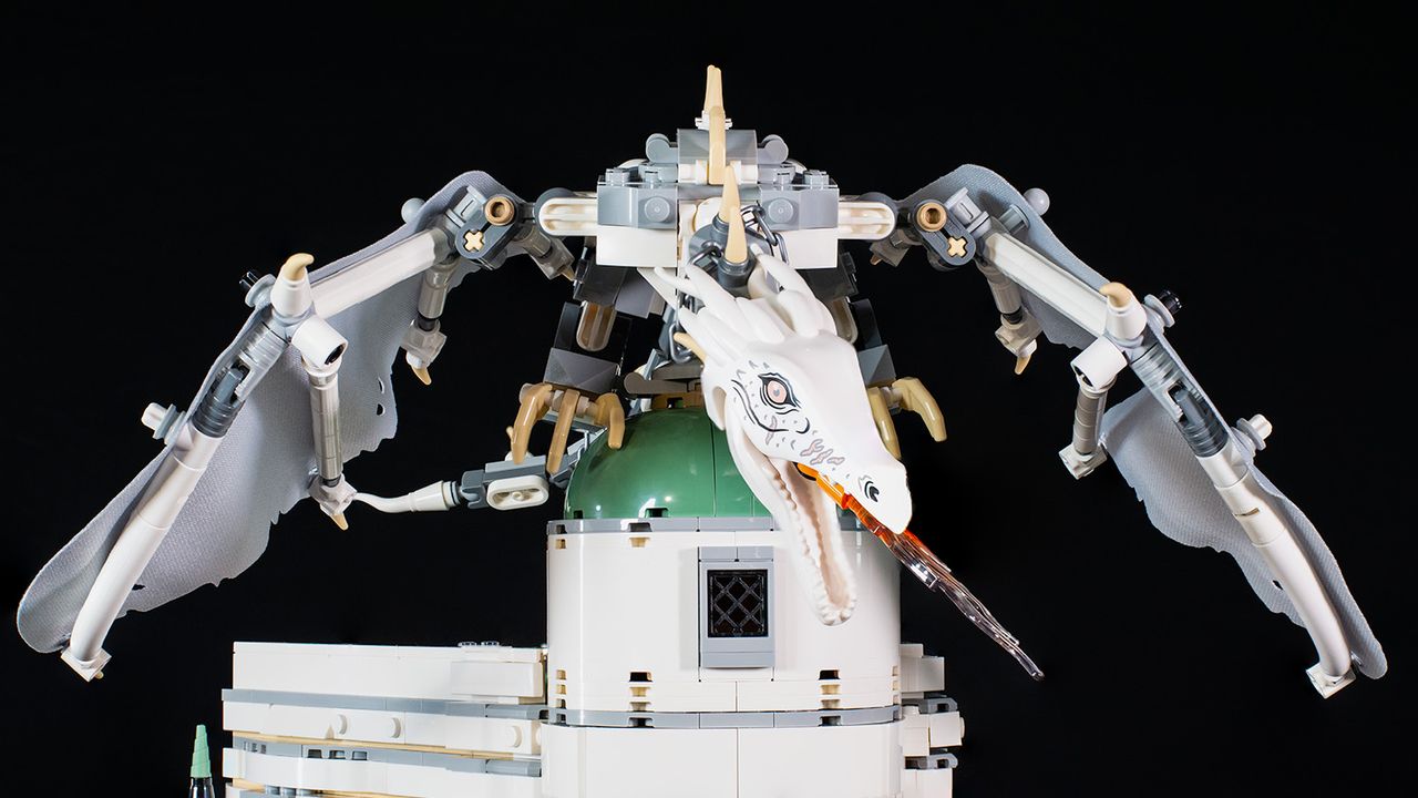 The Lego Harry Potter Gringotts Wizarding Bank, the dragon sits atop the dome