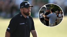 Shane Lowry looking dejected at The Masters and an inset of him congratulating Rory McIlroy on his win