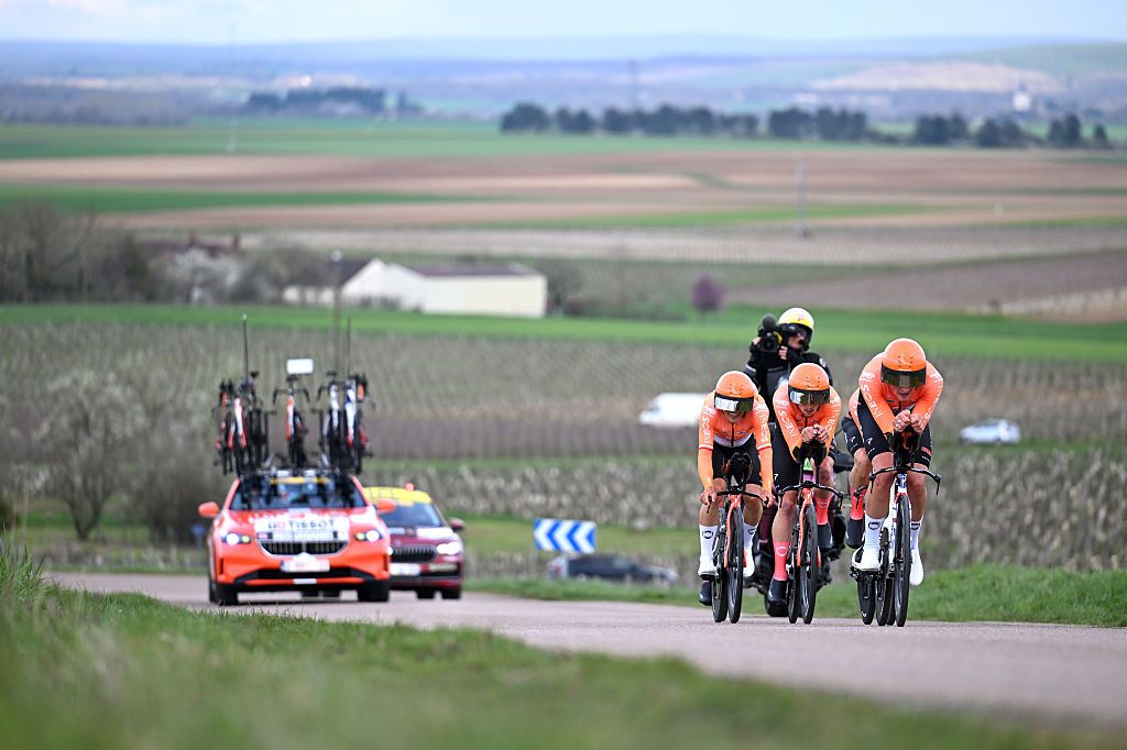 POUILLY-SUR-LOIRE, FRANCE - MARCH 10: Joshua Tarling of Great Britain and Team INEOS Grenadiers (R) with teammates compete during the 84th Paris-Nice 2026, Stage 3 a 23.5km team time trial stage from Cosne-Cours-sur-Loire to Pouilly-sur-Loire / #UCIWT / on March 10, 2026 in Pouilly-sur-Loire, France. (Photo by Szymon Gruchalski/Getty Images)