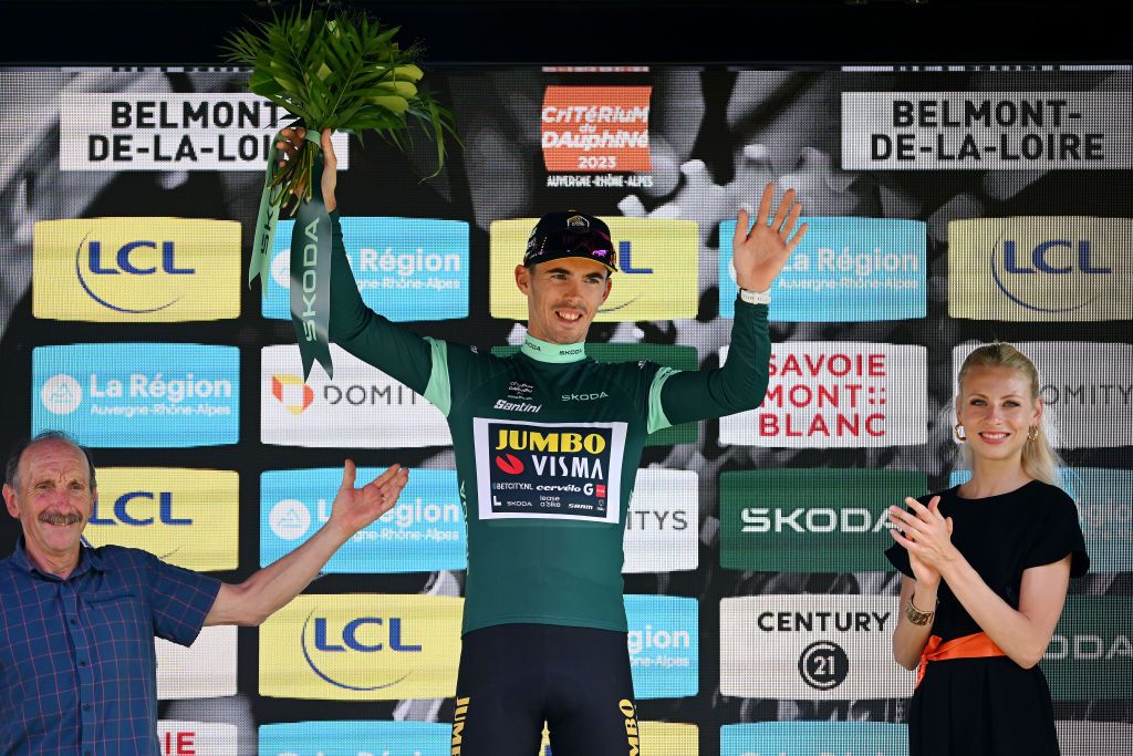 BELMONTDELALOIRE FRANCE JUNE 07 Christophe Laporte of France and Team JumboVisma celebrates at podium as Green points jersey winner during the 75th Criterium du Dauphine 2023 Stage 4 individual time trial from Cours to BelmontdelaLoire 482m UCIWT on June 07 2023 in BelmontdelaLoire France Photo by Dario BelingheriGetty Images