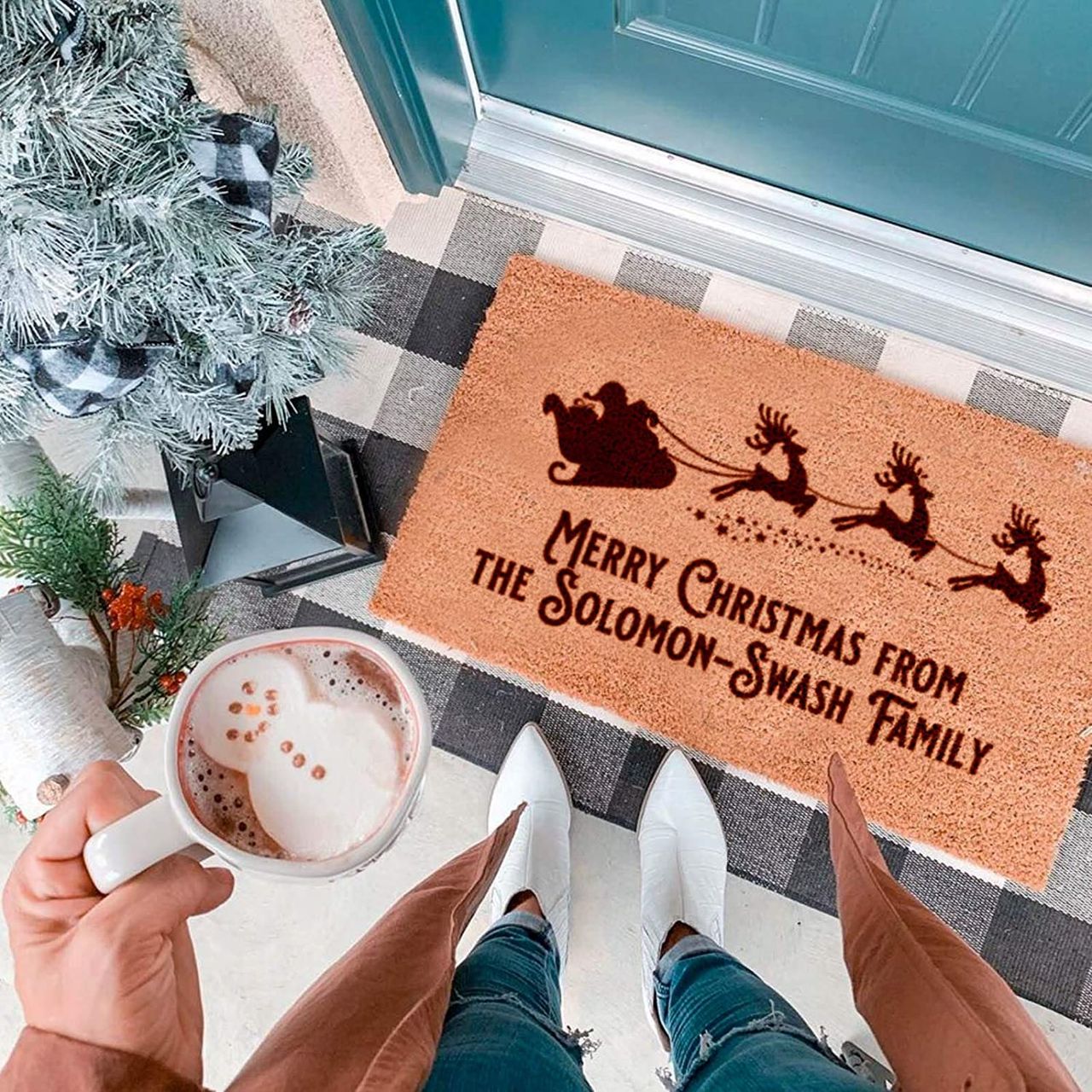 Personalised Santa&#039;s Sleigh Family Door Mat for Christmas