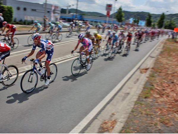 George Hincapie (BMC) is hard to miss in his red, white and blue kit.