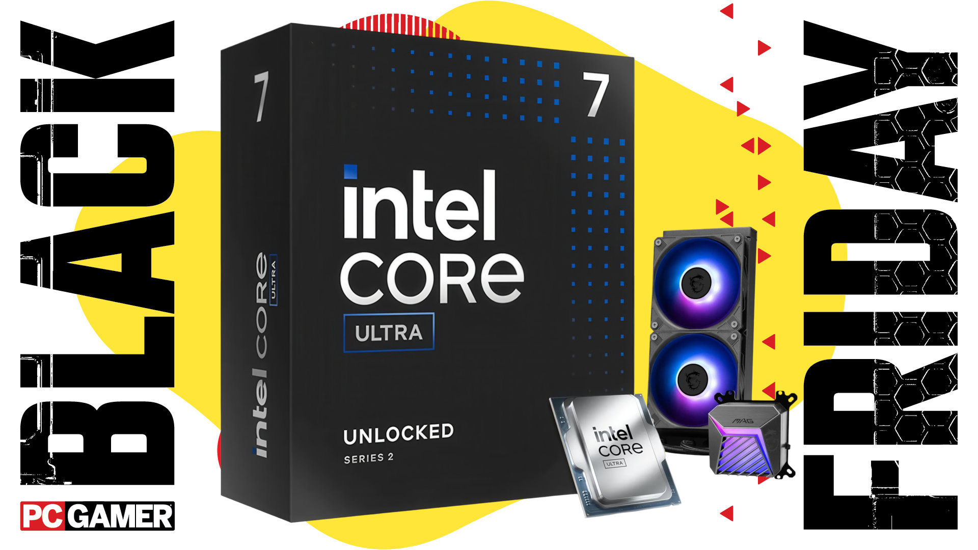 An image showing the retail box for an Intel Core Ultra 7 series processor, next to a generic Intel CPU and an MSI MAG Coreliquid A15 liquid cooler, against a colorful background with Black Friday and PC Gamer logos on the side