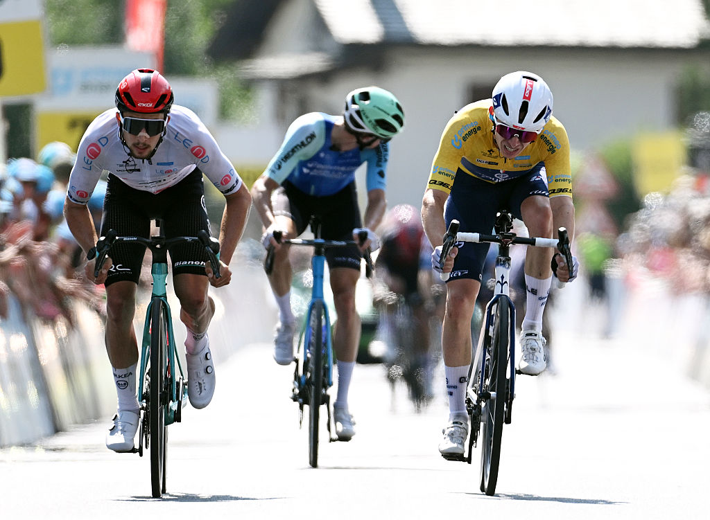 Race leader Romain Grégoire reaches the finish in Piuro (Valchiavenna) 