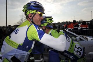 Sagan is congratulated by his teammates.