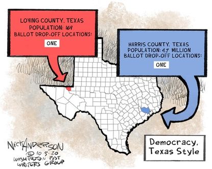Political Cartoon U.S. Texas ballot boxes