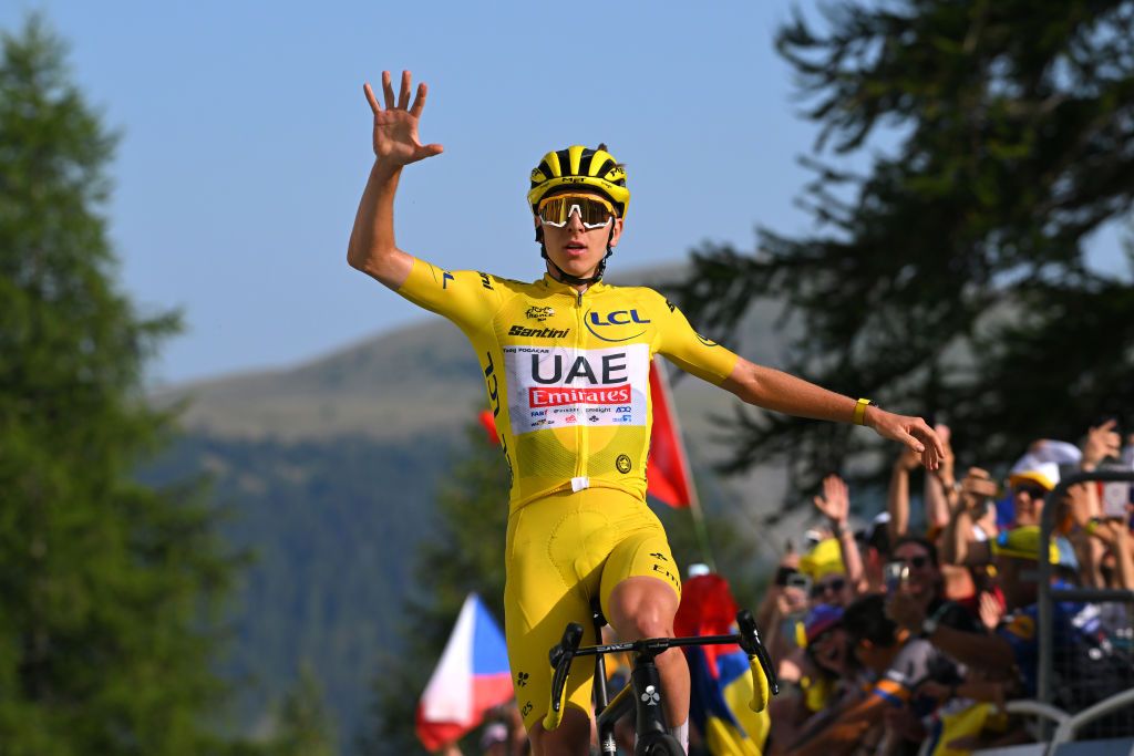 COL DE LA COUILLOLE FRANCE JULY 20 EDITORS NOTE Alternate crop Tadej Pogacar of Slovenia and UAE Team Emirates Yellow Leader Jersey celebrates at finish line as stage winner during the 111th Tour de France 2024 Stage 20 a 1328km stage from Nice to Col de la Couillole 1676m UCIWT on July 20 2024 in Col de la Couillole France Photo by Tim de WaeleGetty Images