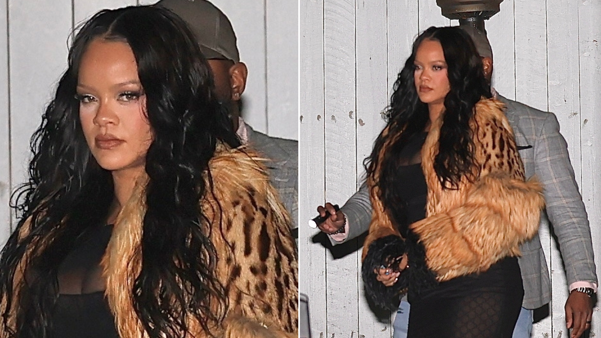 Rihanna wears a vintage Gucci by Tom Ford 1999 fur jacket with a sheer black dress to celebrate her 38th birthday