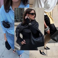 Influencer Johanna wears a denim button down and jeans with a floral brooch. Influencer Anna wears an all black outfit with silver bangles and rings. Influencer Marilyn wears black and white bangles. 