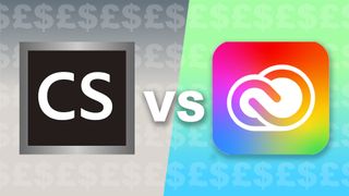 Adobe Creative Suite logo (left), Adobe Creative Cloud logo (right) with dollar and pound signs in the background and 'VS' type in the middle 