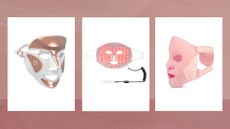 Collage of three of the red light therapy devices featured in this guide from Dr. Dennis Gross, The Light Salon and MZ Skin in white boxes against a dark pink backdrop