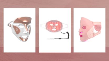 Collage of three of the red light therapy devices featured in this guide from Dr. Dennis Gross, The Light Salon and MZ Skin in white boxes against a dark pink backdrop