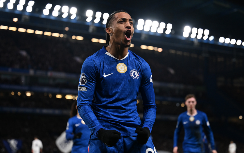  Joao Pedro of Chelsea celebrates scoring his team's first goal during the Premier League match between Chelsea and Leeds United at Stamford Bridge on February 10, 2026 in London, England. 
