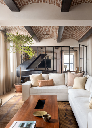 Modern living room with brick barrel ceiling