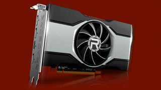 A Radeon RX 6500 XT GPU on a red backdrop