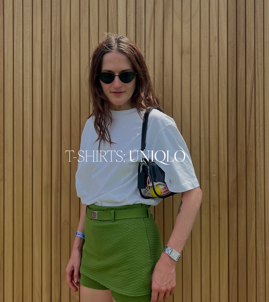 Eliza Huber wearing a white Uniqlo T-shirt with green shorts. Text reads: "T-Shirts: Uniqlo."