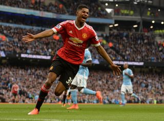 Marcus Rashford celebrates a goal for Manchester United against Manchester City in March 2016.