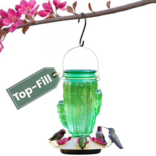 Perky-Pet Cactus Top Fill Glass Hummingbird Feeder &amp;ndash; 32 Oz Nectar Capacity, Five Hollyhock Feeding Ports, Built-In Bee Guards &amp;amp; Removable Perches, Metal Hanging Bird Feeder for Outdoors, 9111-1sr