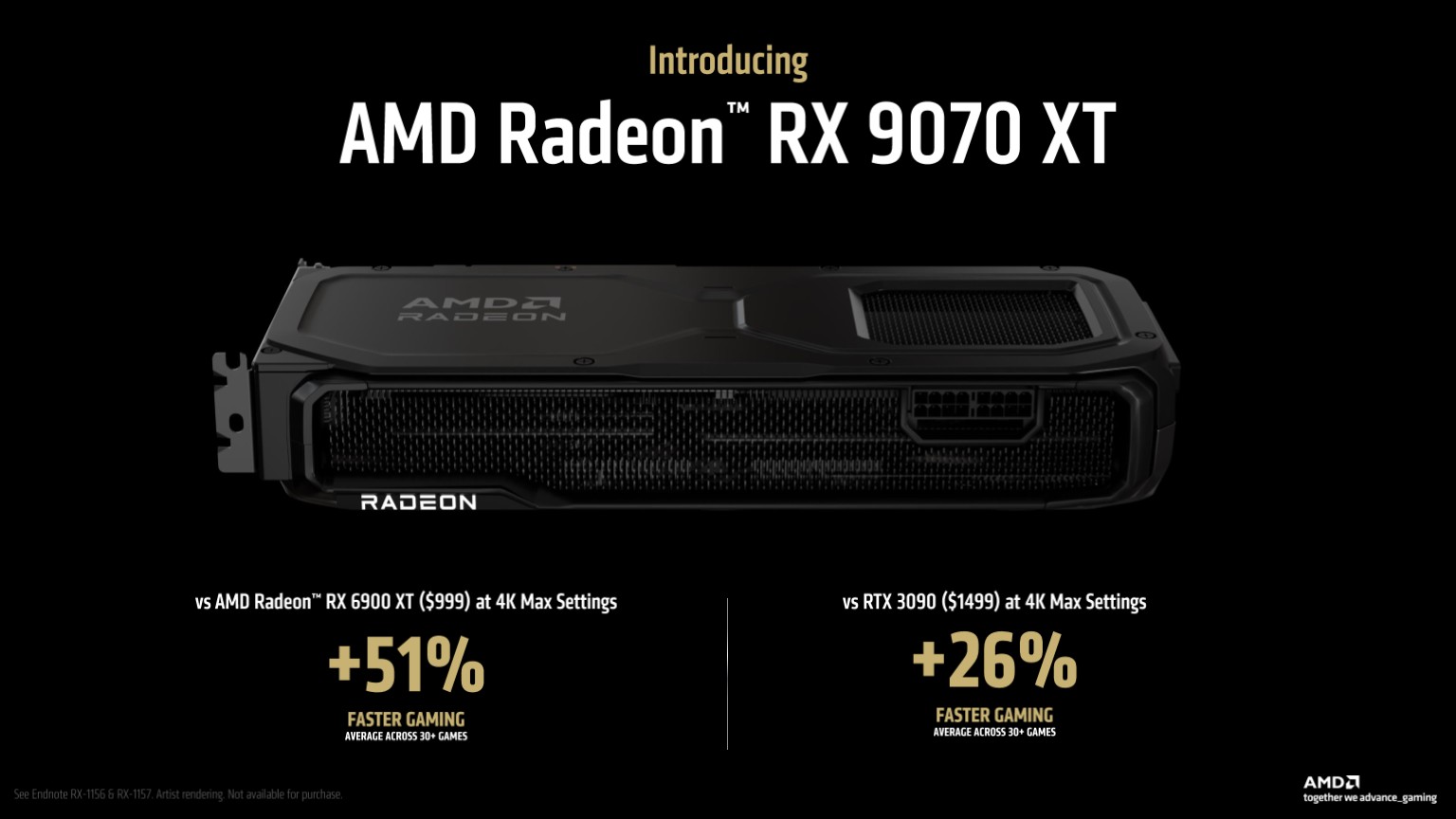 A slide showing the AMD Radeon RX 9070 XT with performance claims