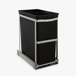 A black pull-out bin with a metal frame