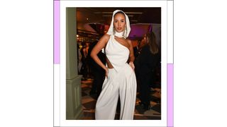 Maya Jama wears a white hooded crop top and trousers as she attends the GQ Men Of The Year Awards in association with BOSS after party at The House of MOTY on November 16, 2022 in London, England