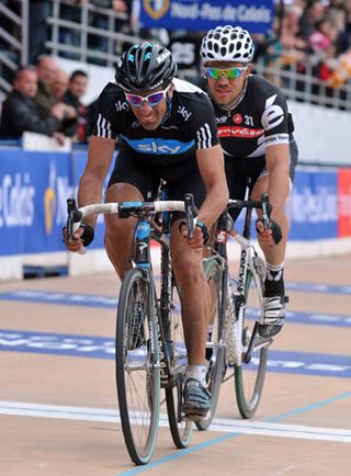 Juan Antonio Flecha and Thor Hushovd, Roubaix velodrome, Paris-Roubaix 2010