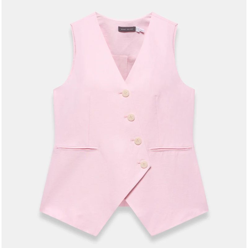 Mint Velvet , Pink Linen Blend Asymmetric Waistcoat