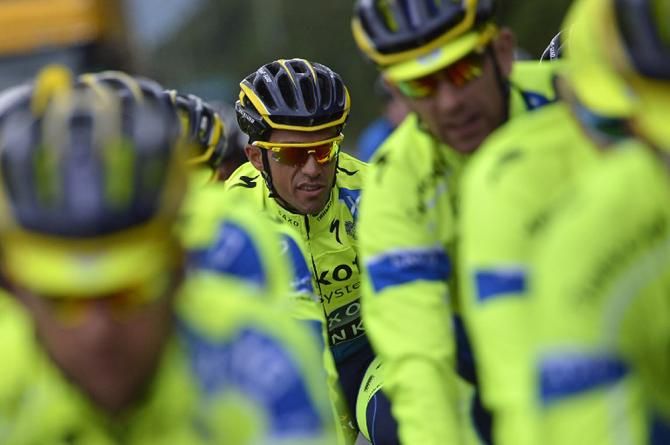 Alberto Contador riding with his Tinkoff-Saxo teammates in Leeds
