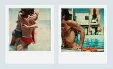 Left: Group of men hugging in the sea. Right: Man diving in the pool and a man getting out the pool