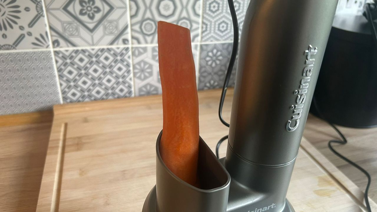 Large carrot in Cuisinart Power Blend Immersion Blender's feed chute