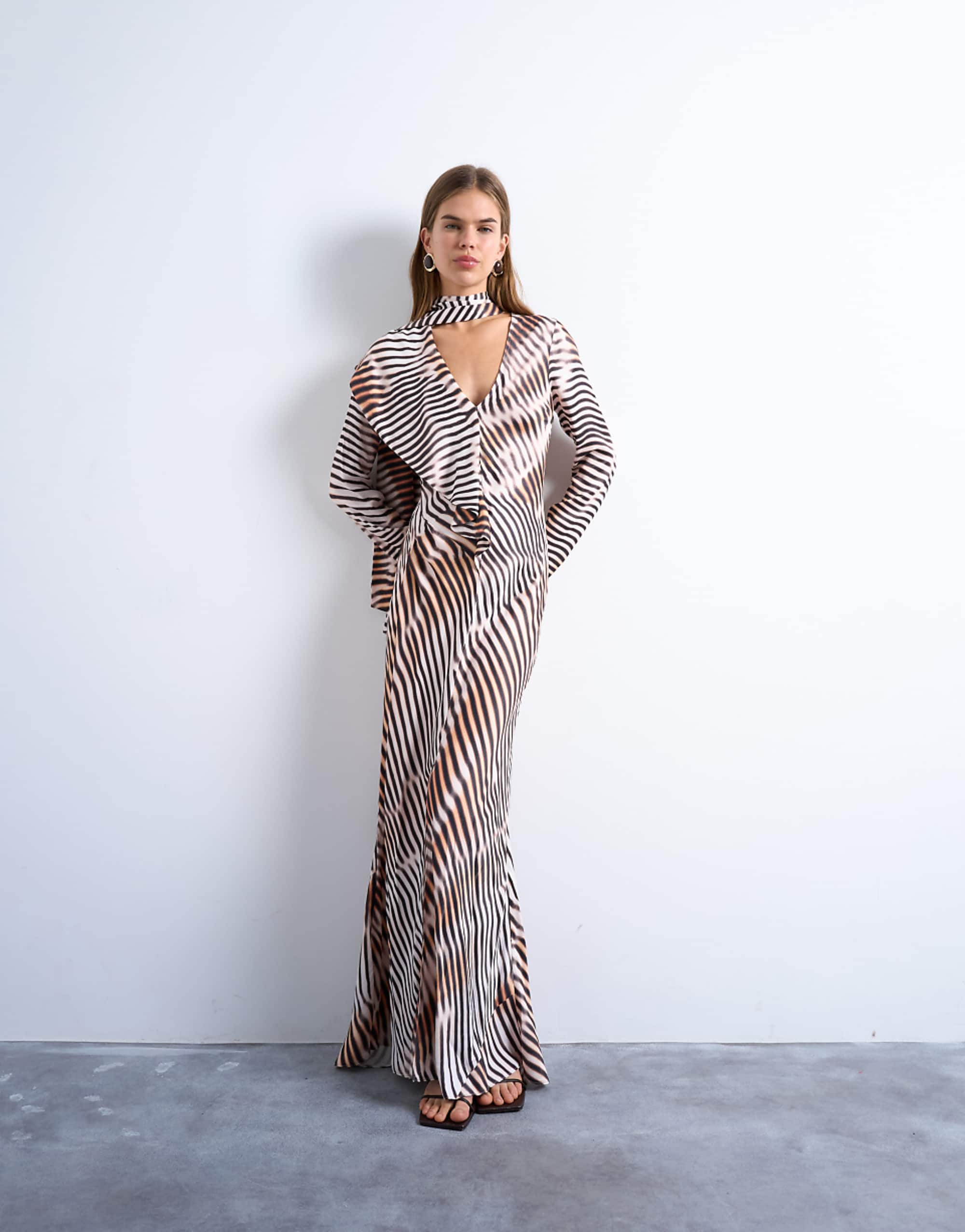 Topshop Long Sleeve Ruffle Maxi Dress With Scarf Wrap Detail in Abstract Stripe