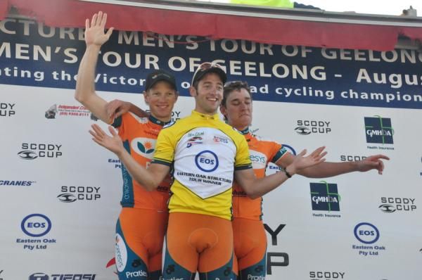 Nathan Haas on the podium of the Tour of Geelong with teammates Pat Shaw, and Anthony Giacoppo