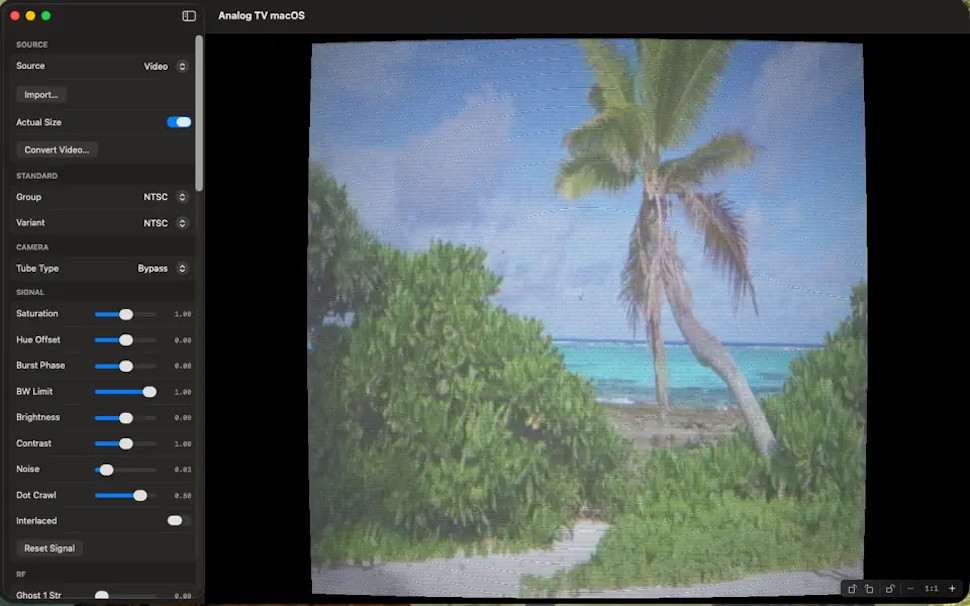Analog TV Simulator app working on a Mac, showing an image of a beach and sea with green bushes in the foreground
