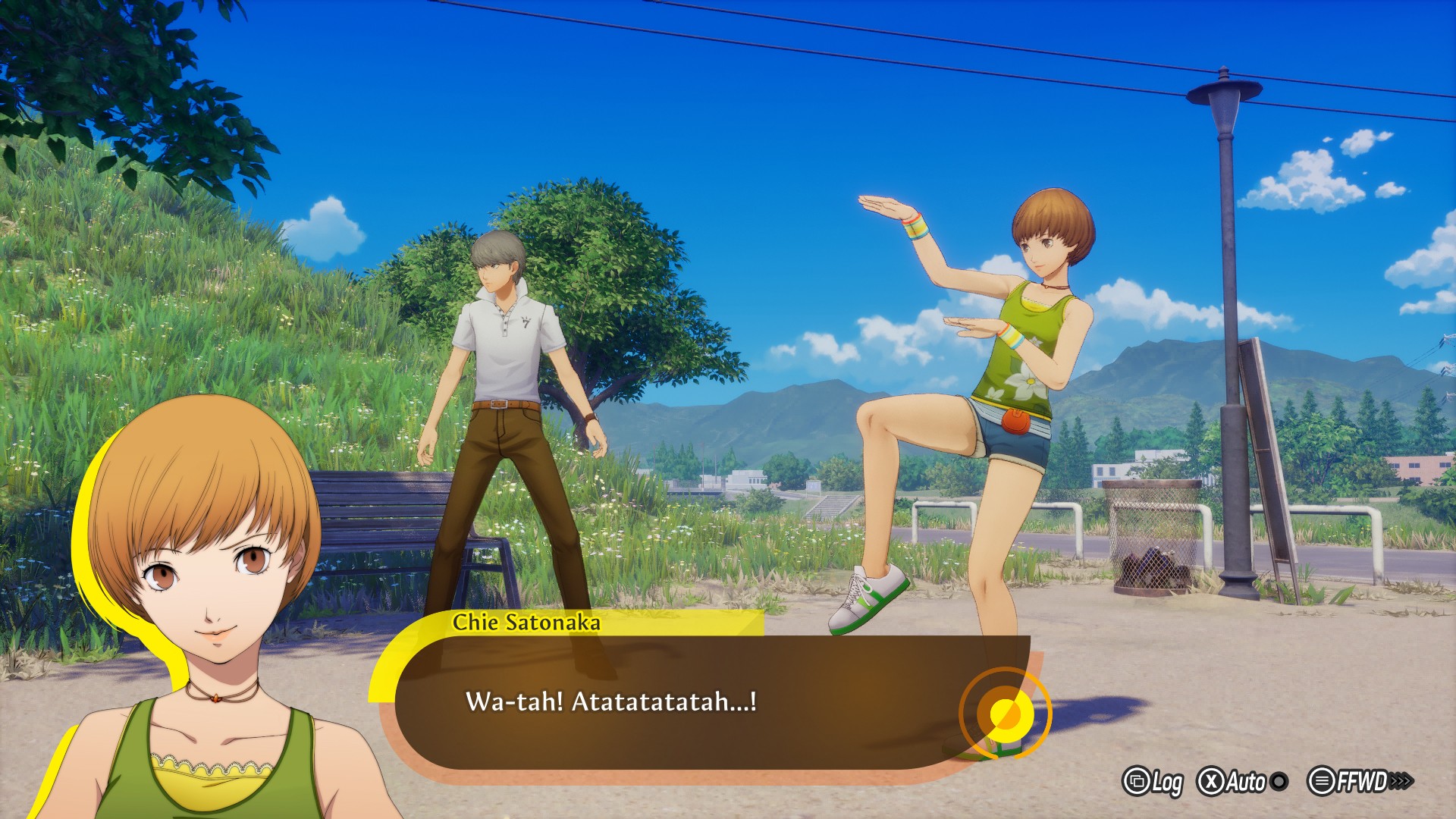 Chie and the Hero practice martial arts moves under a sunny blue sky in Persona 4 Revival