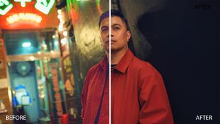 Portrait of a man wearing a red jacket in a neon-lit alley, edited in DxO PureRAW 5 showing before and after sharpening, demosaicing, and noise reduction