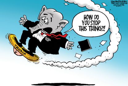 Political cartoon U.S. GOP Trump Hoverboard 2016