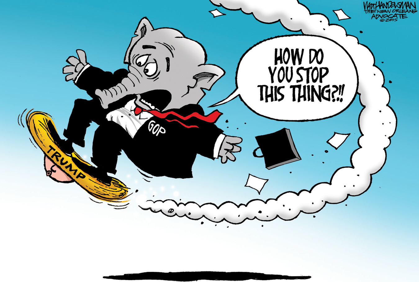 Political cartoon U.S. GOP Trump Hoverboard 2016