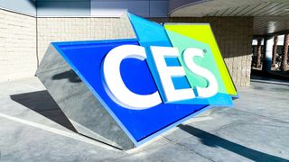 An outdoor, 3D CES logo sign from CES Las Vegas in January 2020