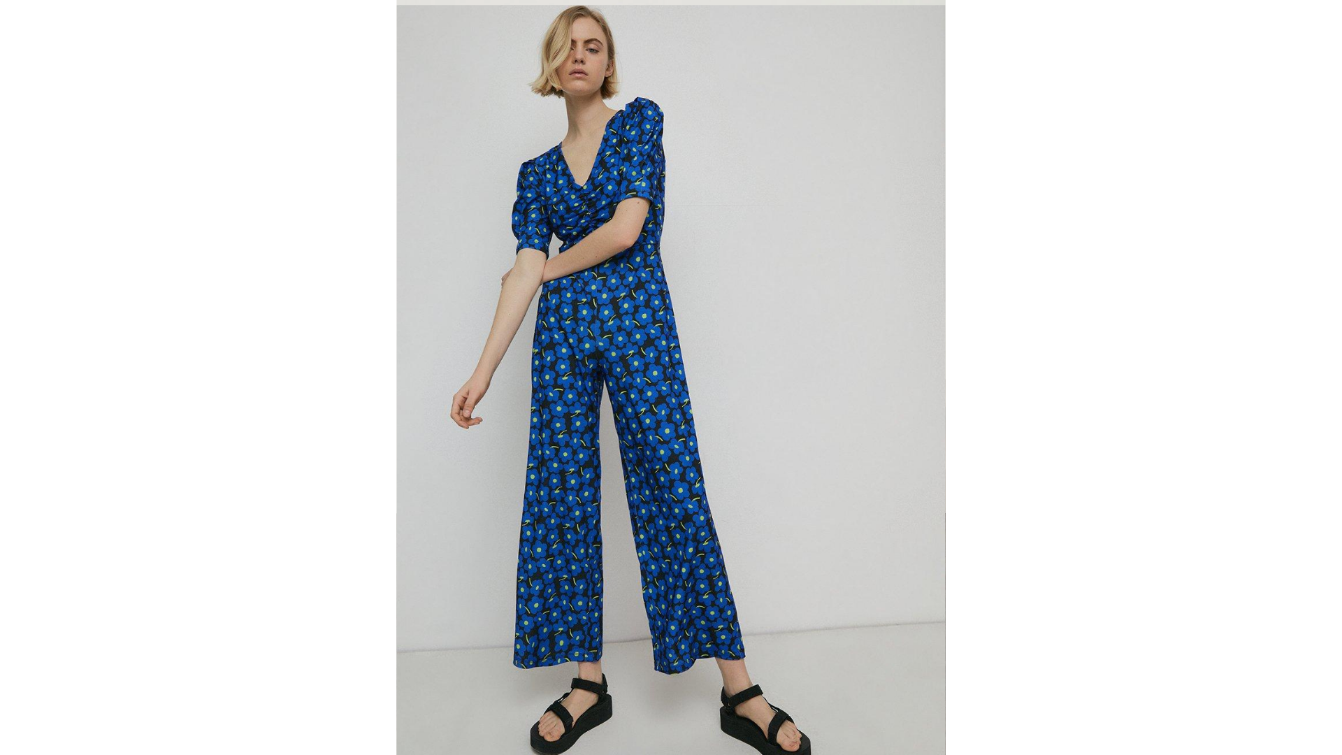 Warehouse Blue Floral Print Ruched Front Jumpsuit