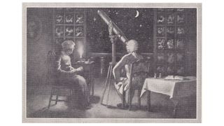 carolyn herschel and brother william sitting in a room, carolyn is sitting on a chair and william is looking through a telescope.